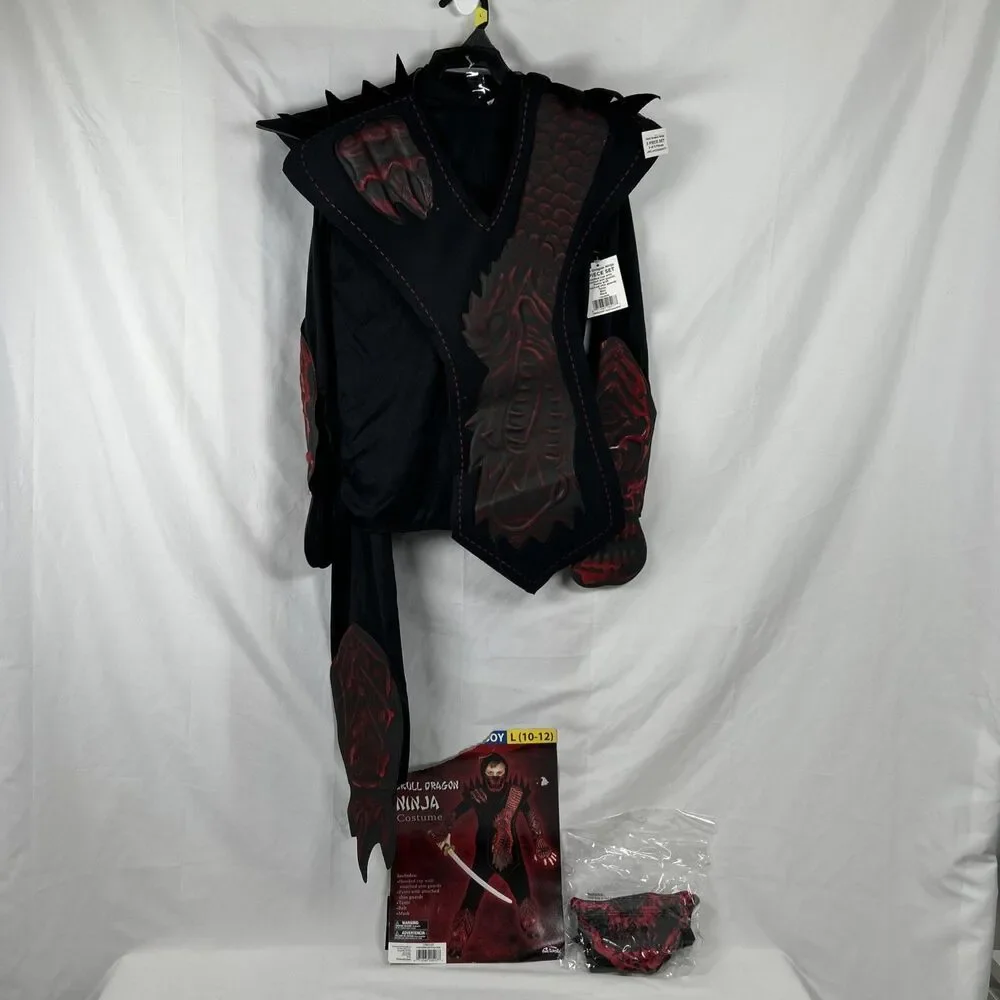 Skull Dragon Ninja Boys Halloween Costume Large 10-12 Black Red Mask Belt